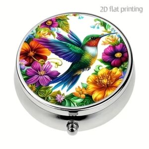 Colorful Hummingbird and Flowers 3-Compartment Metal Pill Box. NEW!